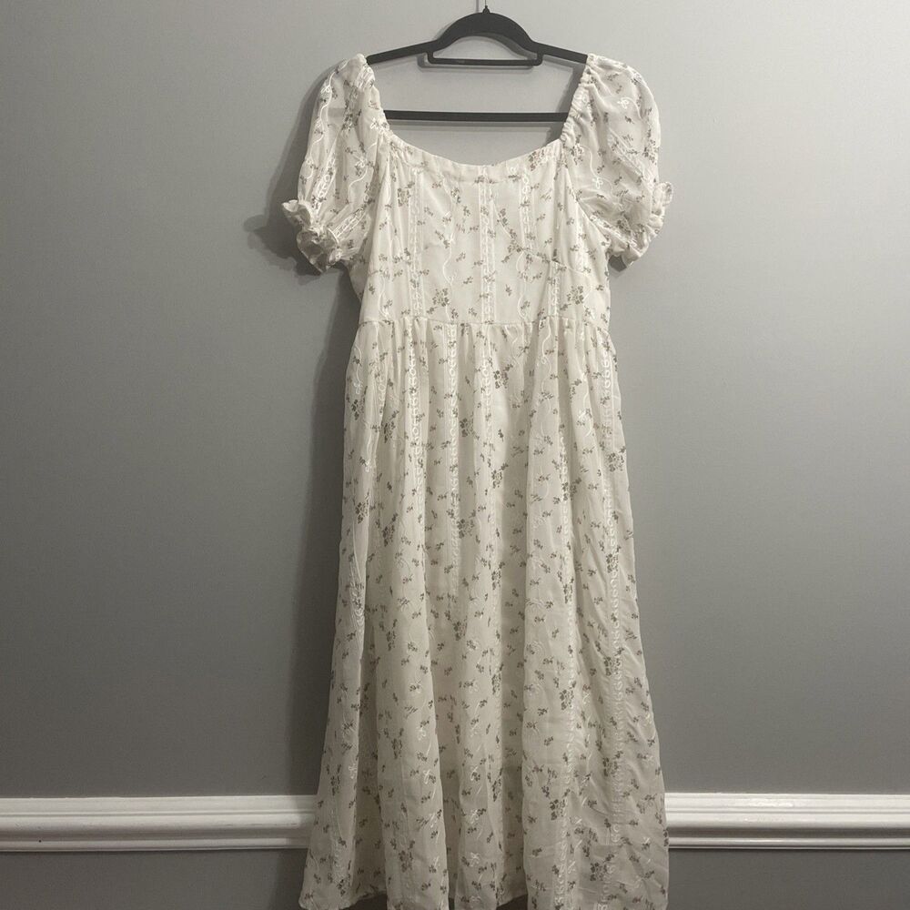 SHEIN Womens L Cream Green Floral Maxi Dress Puff Sleeve Lined Cottagecore